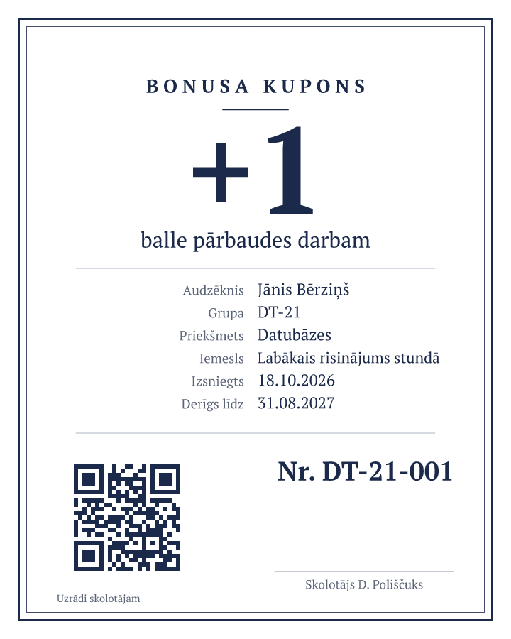 Kupona paraugs: +1 balle pārbaudes darbam